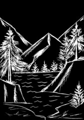 landscape with mountains and white Christmas trees on a black background