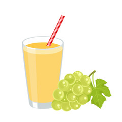 Grape juice in glass and bunch of berry. Vector flat illustration. Healthy drink icon.