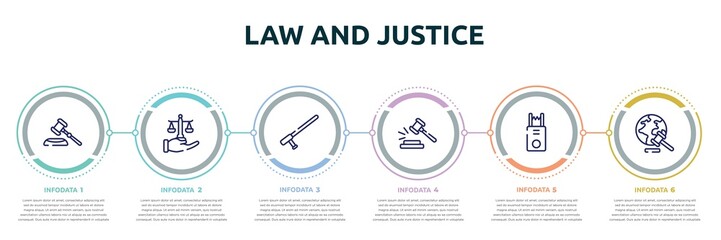 law and justice concept infographic design template. included gavel, justice scales in hand, baton, case closed, electroshock weapon, diploy icons and 6 option or steps.