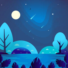 night landscape with moon and stars Vector Illustration art