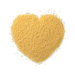 Dried uncooked couscous in heart shape isolated on white background