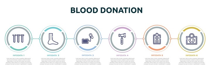 blood donation concept infographic design template. included blood sample, urticaria, tensiometer, reflex hammer, health report, body weight icons and 6 option or steps. - obrazy, fototapety, plakaty