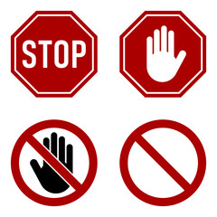 Icon Set of Red Stop Sign and Stop Hand Adblock Octagonal Symbol. Vector Image.