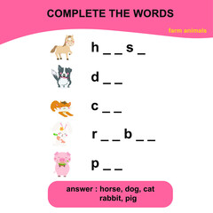 Complete the words worksheet for learning English. Educational activity for kids. Writing practice. Vector illustration.