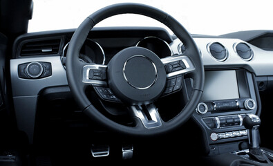 Steering Wheel, Head Monitor, And Gearbox Knob With Soft Focus In Car