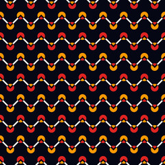 Polka dot and zigzag classic ornament. Repeated circles, lines seamless pattern. Simple geometric background. Geo surface print