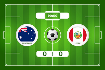 Australia - Peru football match. Infographic banner with text. Scoring goals. Round stickers with country flags on a soccer field with a soccer ball. Top View. Football tournament template © Ayvengo