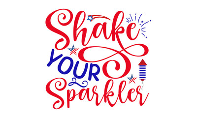 Shake Your Sparkler, vector Illustration isolated on white background, Independence day party decor, 4th of July truck with stars and stripes, Vintage truck Independence day for scrapbooking, card, sh