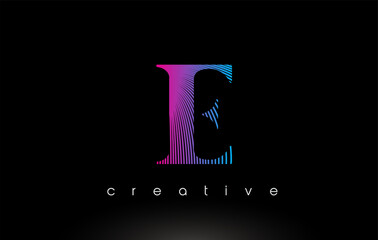 E Logo Design With Multiple Lines and Purple Blue Colors.
