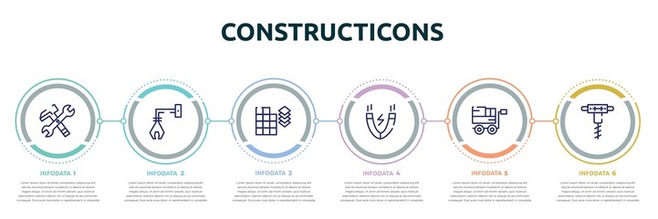 constructicons concept infographic design template. included work tools cross, derrick with tong, tiles detail of construction, inclined magnet, trolley with cargo, pickaxes drilling icons and 6 - obrazy, fototapety, plakaty