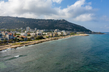 Fototapeta na wymiar Drone view from the sea of ​​the Carmel mountain and Bat Galim neighborhood , Haifa.