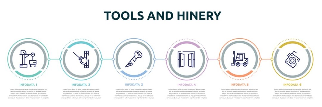 tools and hinery concept infographic design template. included big derrick with boxes, demolishing ball, screw hand drawn tool, doors open, forklift tool, roulette with button icons and 6 option or