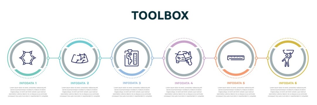 toolbox concept infographic design template. included benzene, windshield, automatic transmission, car painting, school ruler, null icons and 6 option or steps.