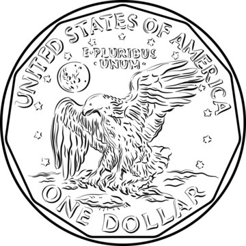 American money Susan B Anthony dollar, one dollar coin with eagle clutching laurel branch on reverse, black and white