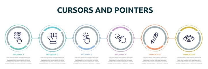 cursors and pointers concept infographic design template. included entering password, clenched fist, hand cursor, click gesture, pencil cursor, eye close up icons and 6 option or steps. - obrazy, fototapety, plakaty