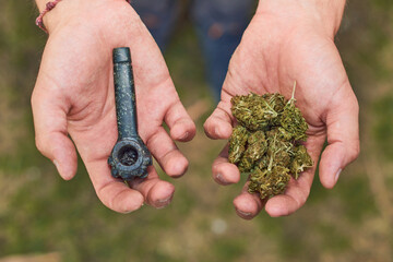 Man holds marijuana or cannabis buds and pipe in his hands