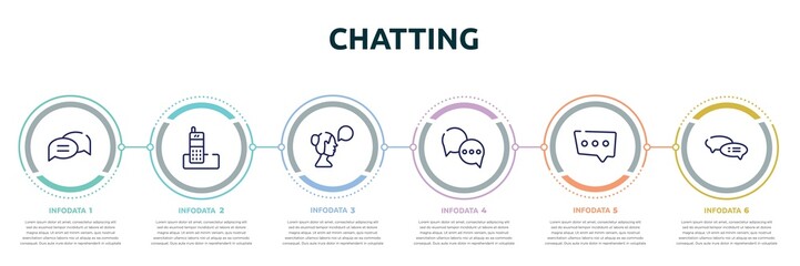 chatting concept infographic design template. included chat bubble with lines, long distance phone, woman talking, round chat bubbles, three dots ellipsis, speech bubble with ellipsis icons and 6