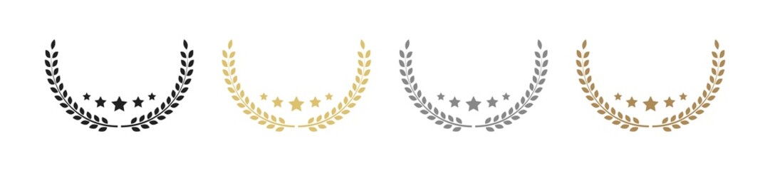 Laurel wreath victory icon in flat style. Gold Sivler and Bronze medal award. - obrazy, fototapety, plakaty