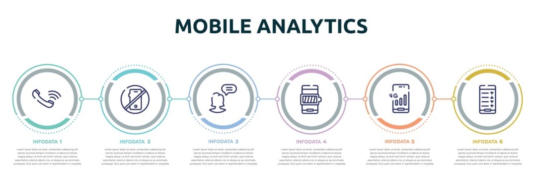 Mobile Analytics Concept Infographic Design Template. Included Auricular Of Phone, No Calls, Chief, Battery With Full Charge, 4g Phone Connection, Mobile Analytics On Screen Icons And 6 Option Or