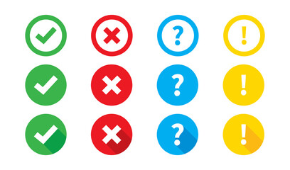 Check mark cross question and exclamation vector icon set. Colorful sign symbol collection.