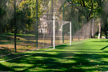 Soccer goal at the school stadium. Empty soccer field