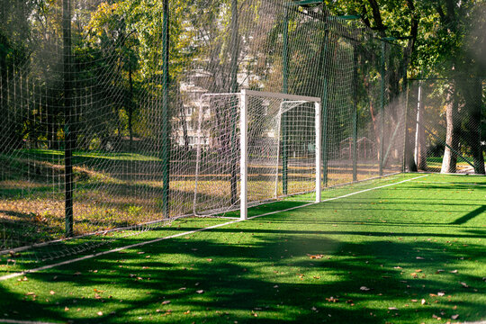 Soccer Goal At The School Stadium. Empty Soccer Field