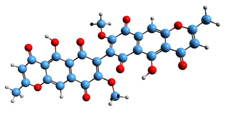  3D image of aurofuzarin skeletal formula - molecular chemical structure of mycotoxin isolated on white background
