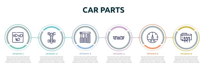 car parts concept infographic design template. included car dashboard, car chassis, accelerator, bumper, fuel gauge, demister icons and 6 option or steps.