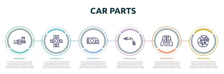 car parts concept infographic design template. included car distributor, car universal joint, headlight, wheel brace, cowl, brake icons and 6 option or steps.