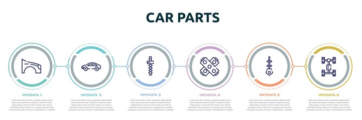 car parts concept infographic design template. included car fender (us, canadian), car hard top, coil, gasket, dipstick, axle icons and 6 option or steps.