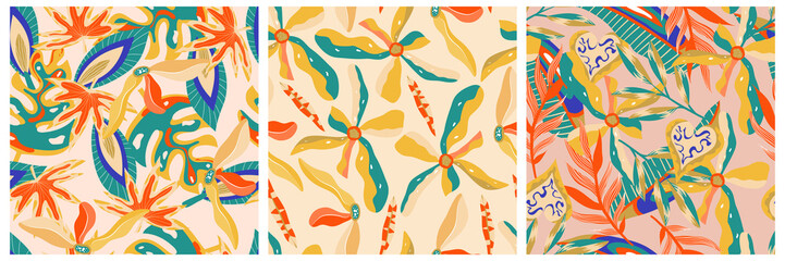 Aesthetic boho jungle seamless pattern set for print design. Boho botanical collection tropic floral background. Modern exotic floral jungle pattern. Geometric texture. Print design