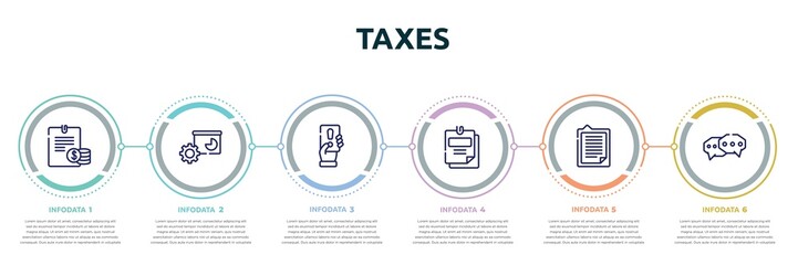 taxes concept infographic design template. included planing, facilities, penalty, taxes, explanation, chat bubble icons and 6 option or steps.
