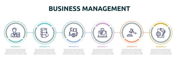 business management concept infographic design template. included accountant, oil barrel, money transfer, bank online, bid, instructions icons and 6 option or steps.