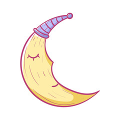 Cute cartoon crescent moon in a sleeping cap. Vector isolated doodle illustration.
