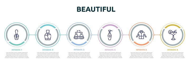 beautiful concept infographic design template. included nail paint, small perfume bottle, consultation, lotion bottle, parka, martini glass with straw icons and 6 option or steps.