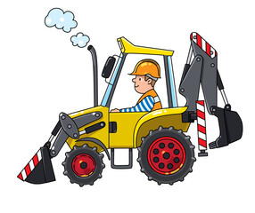 Construction tractor with a driver. Vector cartoon