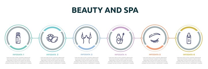 beauty and spa concept infographic design template. included hair spray, lemon slice, breast reduction, mascara, eyelash, nail icons and 6 option or steps.