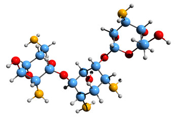 3D image of Bekanamycin skeletal formula - molecular chemical structure of  kanamycin B isolated on white background
