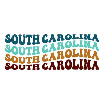 Wavy South Carolina, USA Lettering Design. Retro Waves Illustration Vector Design. Hippie Clip art Stacked Text Boho.