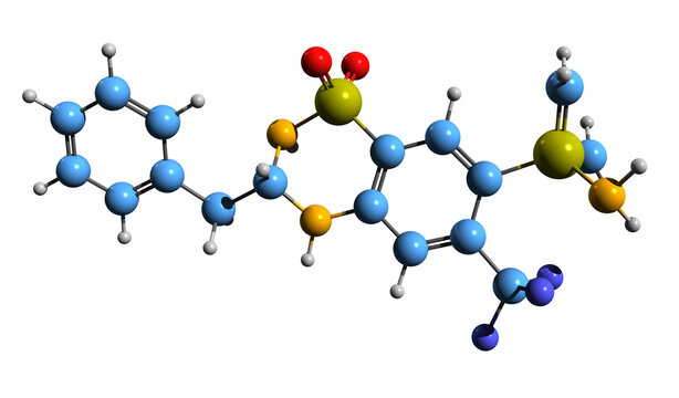  3D image of Bendroflumethiazide skeletal formula - molecular chemical structure of bendrofluazide isolated on white background