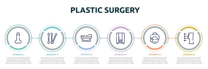plastic surgery concept infographic design template. included , cotton swab, bathtube, infrared, glowing skin, breast enlargement icons and 6 option or steps.