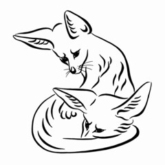 Little foxes. Wall sticker. Hand-drawn, sketch portrait of two cute  little foxes on a white background. Vector black and white illustration. Linear drawing.