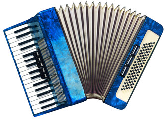 Old blue bright accordion isolated on white