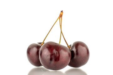 Three sweet cherries, close-up, isolated on a white background.