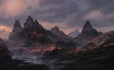 Ruïnes van middeleeuws kasteel op klif in de bergen. Fantastisch magisch landschap van bergen bij zonsondergang. Oud kasteel in sprookjesland, sprookje. 3d illustratie