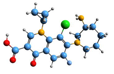  3D image of Besifloxacin skeletal formula - molecular chemical structure of fluoroquinolone antibiotic isolated on white background