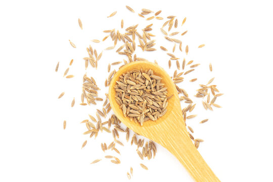 Spice cumin (jeera) in wooden spoon and bunch on white isolated. Flat lay. Ingredients for cooking concept