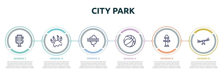 city park concept infographic design template. included trash can, paw print, glacier, basketball ball, fire hydrant, seesaw icons and 6 option or steps.