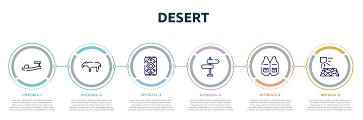 desert concept infographic design template. included sandals, tapir, rug, direction, waistcoat, crack icons and 6 option or steps.