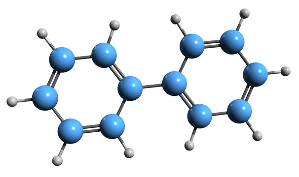  3D image of Biphenyl skeletal formula - molecular chemical structure of diphenyl isolated on white background
